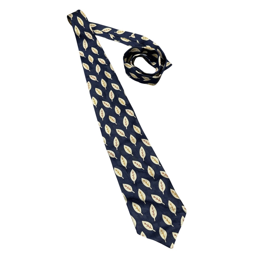 Yves Saint Laurent Necktie Mens OS Navy Blue Silk Leaf Pattern Made In Italy